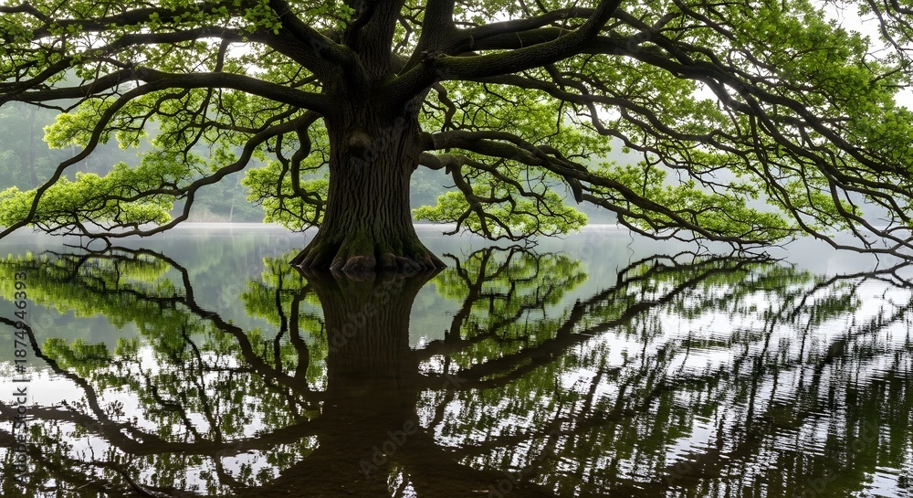 Fototapeta premium Symmetrical Reflection of a Large Green Tree in Still Lake Water.
