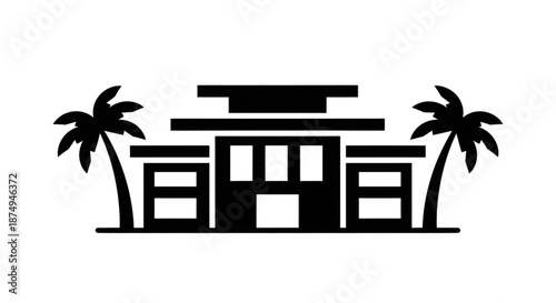 Minimalist Silhouette of a Tropical Beach Resort Hotel with Palm Trees on White Background