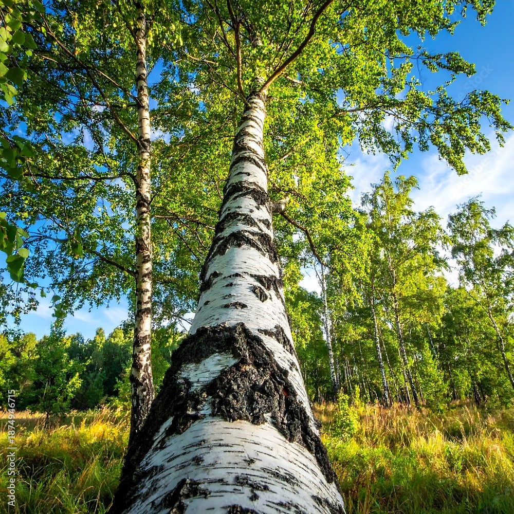 Fototapeta premium View up a birch tree trunk, framed by foliage, with a blue sky