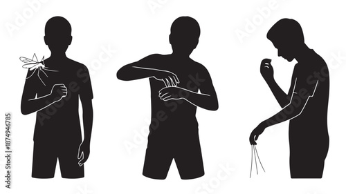Mosquito Bite Prevention, Repellent Application, and Coil Use Silhouette Vector Illustration