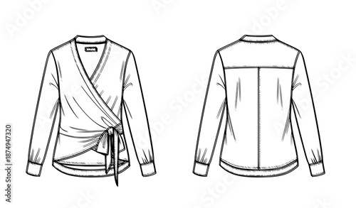 Women’s tie waist blouse technical fashion flat illustration front and back CAD template on white background