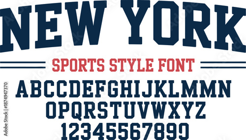 Bold navy and red sports style font with New York text and alphabet