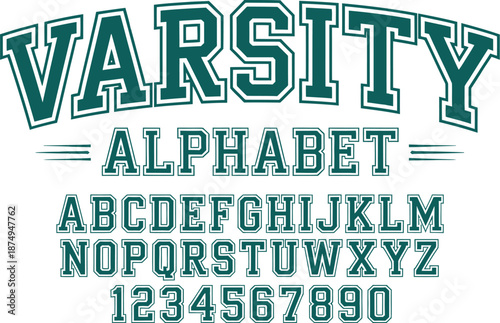 Green and white varsity alphabet and numbers
