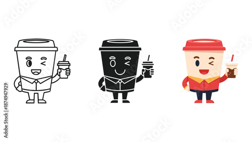 Cartoon coffee cups with different outfits and drinks