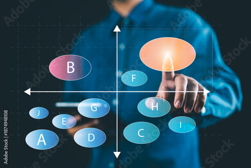 Tableau sur toile Marketer pointing at a positioning map, representing market positioning strategy, target audience analysis, brand,product differentiation for competitive advantage