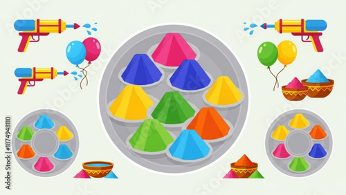 Colorful holi powder cones and water guns for festive fun