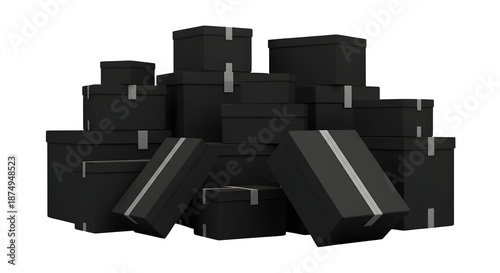Stack of black boxes with silver accents on black background