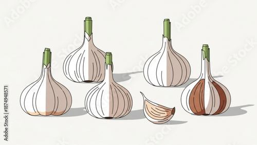 Garlic bulbs and cloves illustration with soft shadows and pastel