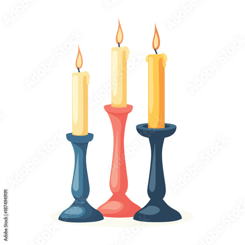 Modern decorative taper candle standing in tall candlestick holder