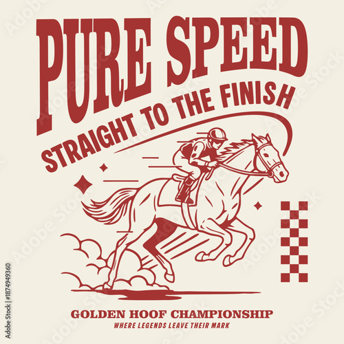 A classic hand-drawn vintage illustration of a jockey riding a horse during a race. Featuring distressed textures, bold typography, and a retro yellow and charcoal color palette. Perfect for t-shirt