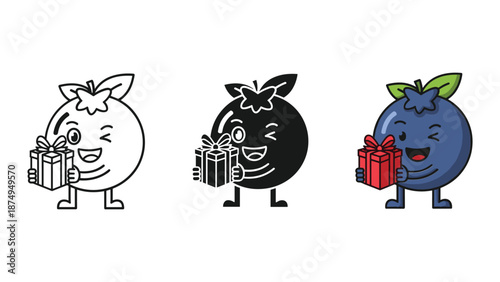 Cartoon blueberry characters holding gift boxes in different colors