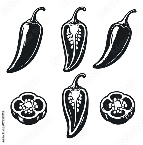 Hand drawn line art hot pepper set featuring whole and sliced forms for food and recipe illustrations