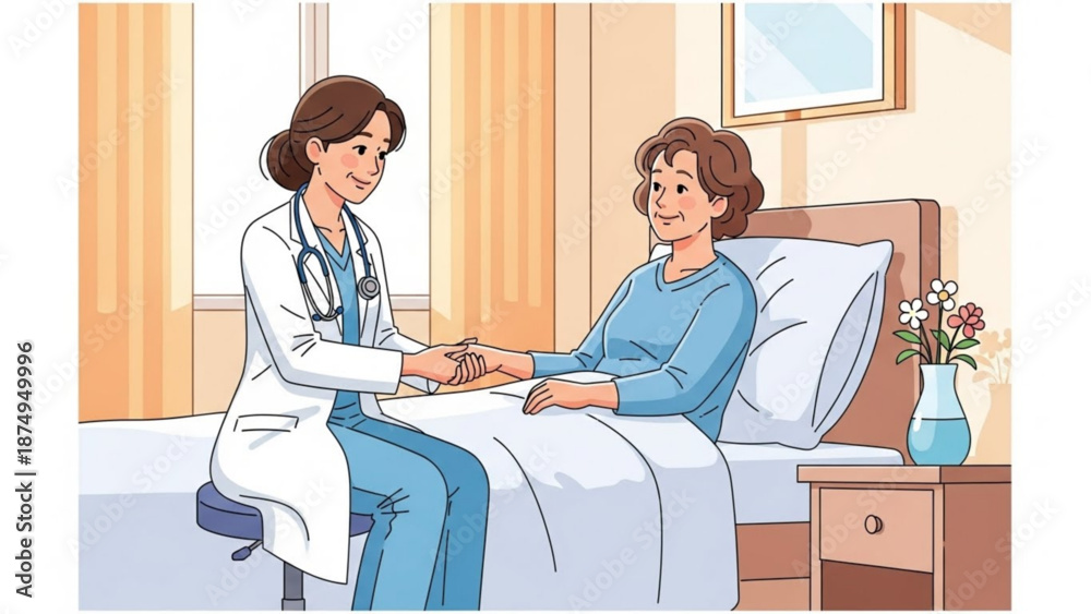 Obraz premium Female doctor comforting elderly woman patient in hospital room with flowers