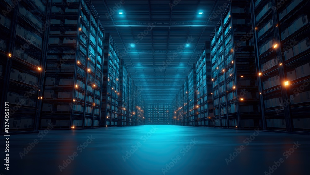 Fototapeta premium Modern server room with illuminated racks storing and processing digital information, representing cloud computing services