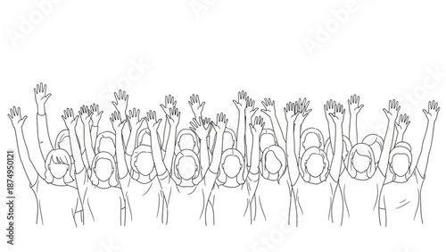 Diverse group of people with raised fists and flowers in black and white line art style on plain background