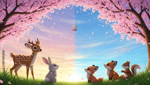 Whimsical forest scene with deer rabbit and foxes under blooming cherry blossom trees at sunset with a hot air balloon