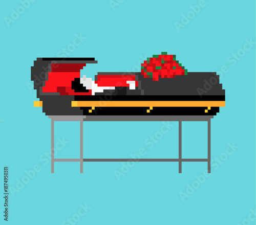 Pixel art coffin with candles. Stylized 8-bit funeral setup on a blue background. Minimalistic retro graphic for game asset, memorial, or death concept design.