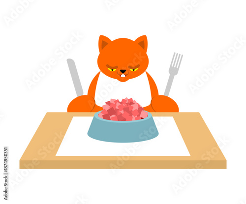 cat eating politely at a table with a knife and fork like a human. Humorous restaurant and pet concept vector.
