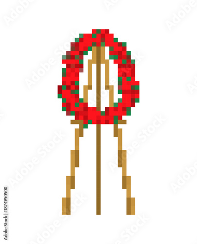 Pixel art funeral wreath on a stand. 8-bit retro icon of red roses for a memorial service. Digital asset for game design, vintage projects, or pixelated obituaries.