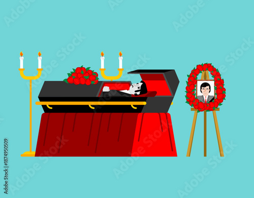 Open black coffin with red lining, portrait, and candles on a stand. Simple vector illustration of a funeral ceremony setting.
