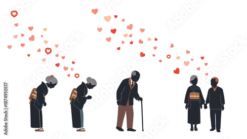 Elderly Couple in Kimono with Hearts, Respectful Bows
