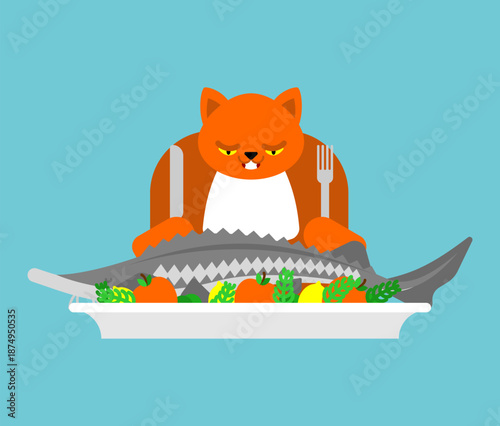 polite feline at a table. Aristocratic cat eating fish with knife and fork. Cute vector illustration for pet food, fine dining, or humorous animal concepts.