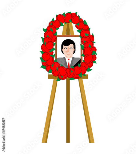 Funeral wreath with a portrait photo. Memorial tribute of red roses on a stand. Isolated vector icon for obituary, condolence cards, or memorial service materials.