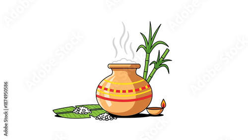 Pongal Festival Pot with Sugarcane and Diya