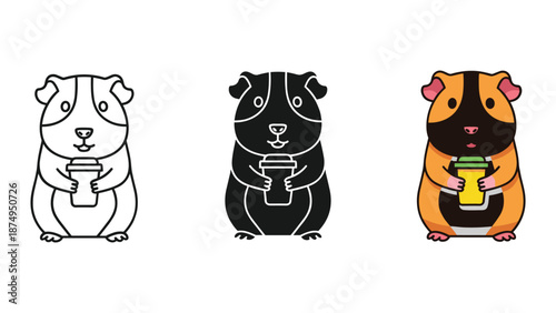 Guinea pig holding coffee cup in different art styles