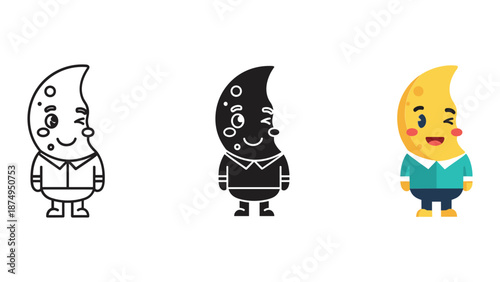 Cute cartoon moon character in different colors