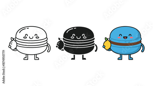 Cartoon macarons with different flavors and expressions