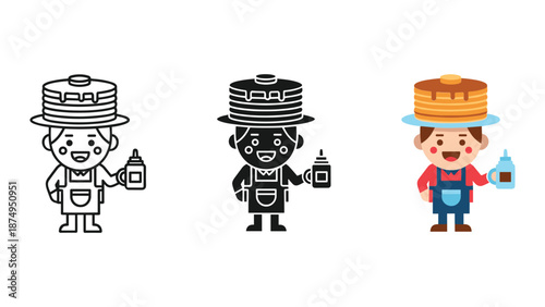 Cartoon chef illustration with pancake hat and syrup bottle