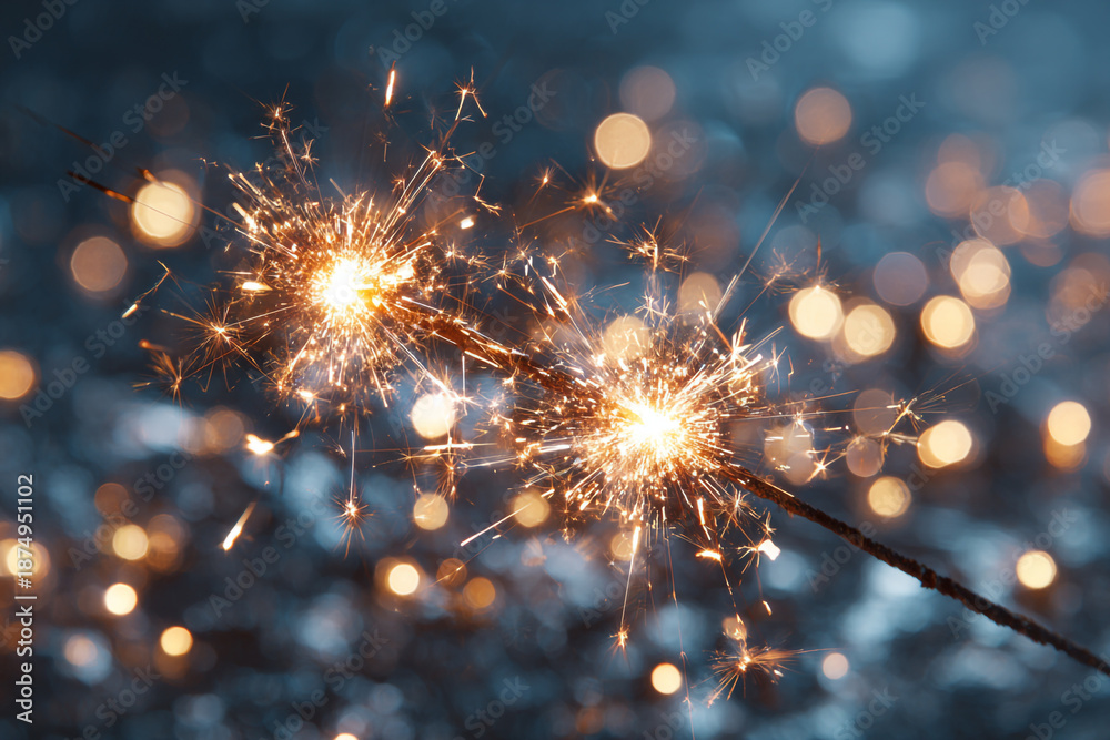Fototapeta premium Close up of bright sparklers against a blurry dark background with bokeh lights