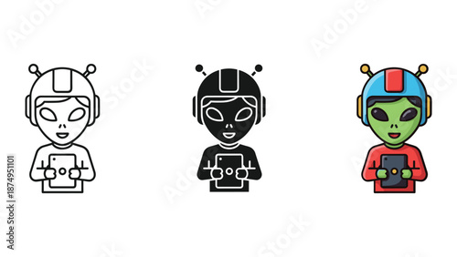 Alien characters using mobile phones in various styles