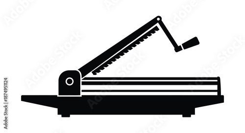 A black silhouette illustration of an old fashioned paper cutter with a curved blade silhouette