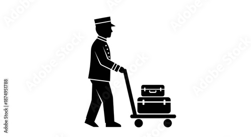 Minimalist Silhouette of a Hotel Porter or Bellhop Pushing a Luggage Cart with Suitcases