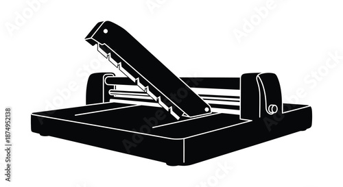 A striking black and white depiction of a paper cutter shown in detailed silhouette