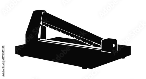 A striking black silhouette of a paper guillotine cutter highlighting its mechanical design silhouette