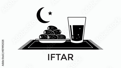 A plate of dates and a glass of water are shown on a mat with a crescent moon and star above, symbolizing Iftar.