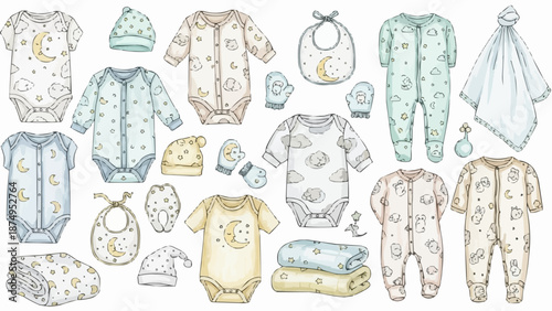Collection of cute baby clothes and accessories for newborns.