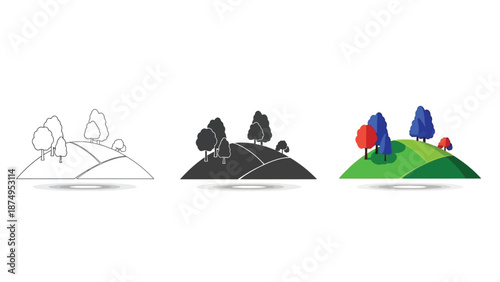 Set of three landscape icons outline, silhouette, and colorful illustration of rolling hills with trees