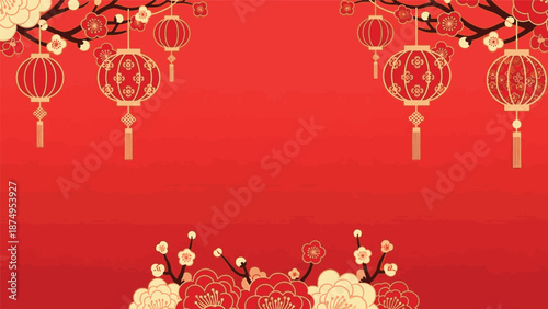 Chinese New Year Celebration with Traditional Lanterns and Floral Motifs on Red Background