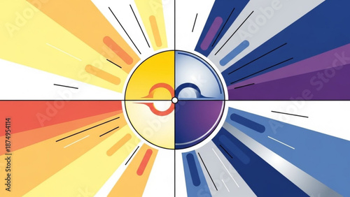 Vibrant sunburst design with yin yang symbol in center colorful rays on white background representing harmony and balance