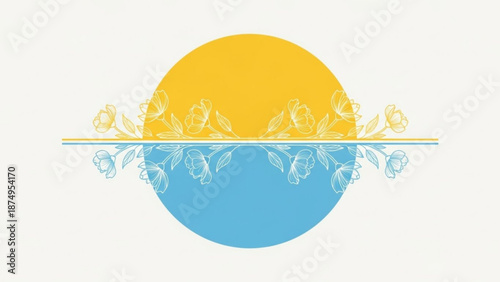 Yellow sun above water with floral pattern on horizon line blue ocean and white background