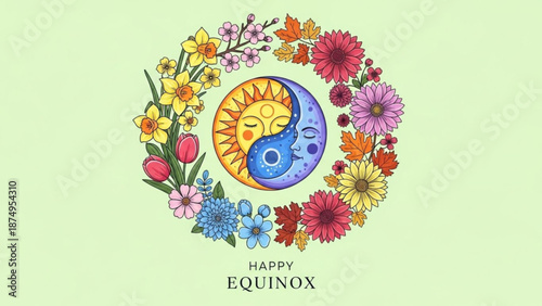 Vibrant equinox illustration with yin yang symbol surrounded by colorful flowers on soft green background