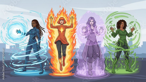 Four women with magical powers standing in elemental forces fire water earth air