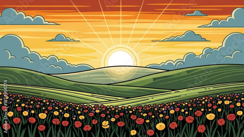 Vibrant cartoon landscape with rolling hills colorful flowers and bright sunset sky