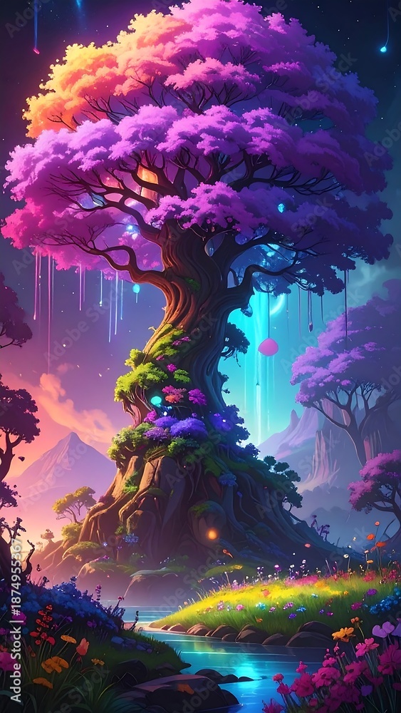 Fototapeta premium Vivid fantasy landscape, majestic tree with colorful foliage and glowing effects