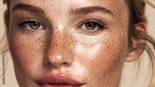 Close-up of a young Caucasian woman with freckles, light brown hair, and blue eyes. She has a natural makeup look and a soft expression.