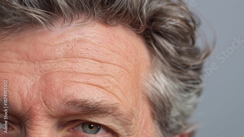 Close-up of a senior Caucasian man with gray hair and visible wrinkles. The focus is on his forehead and eyes, showcasing age and experience.
